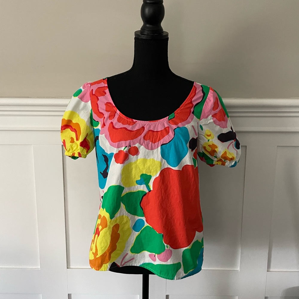 J. Crew Multicolor Floral Scoop Neck Top - Red, Green, Yellow, Pink, Blue